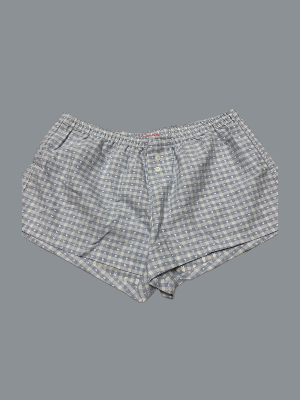 Light Blue Gingham Cotton Pajama Shorts with Heart Detail